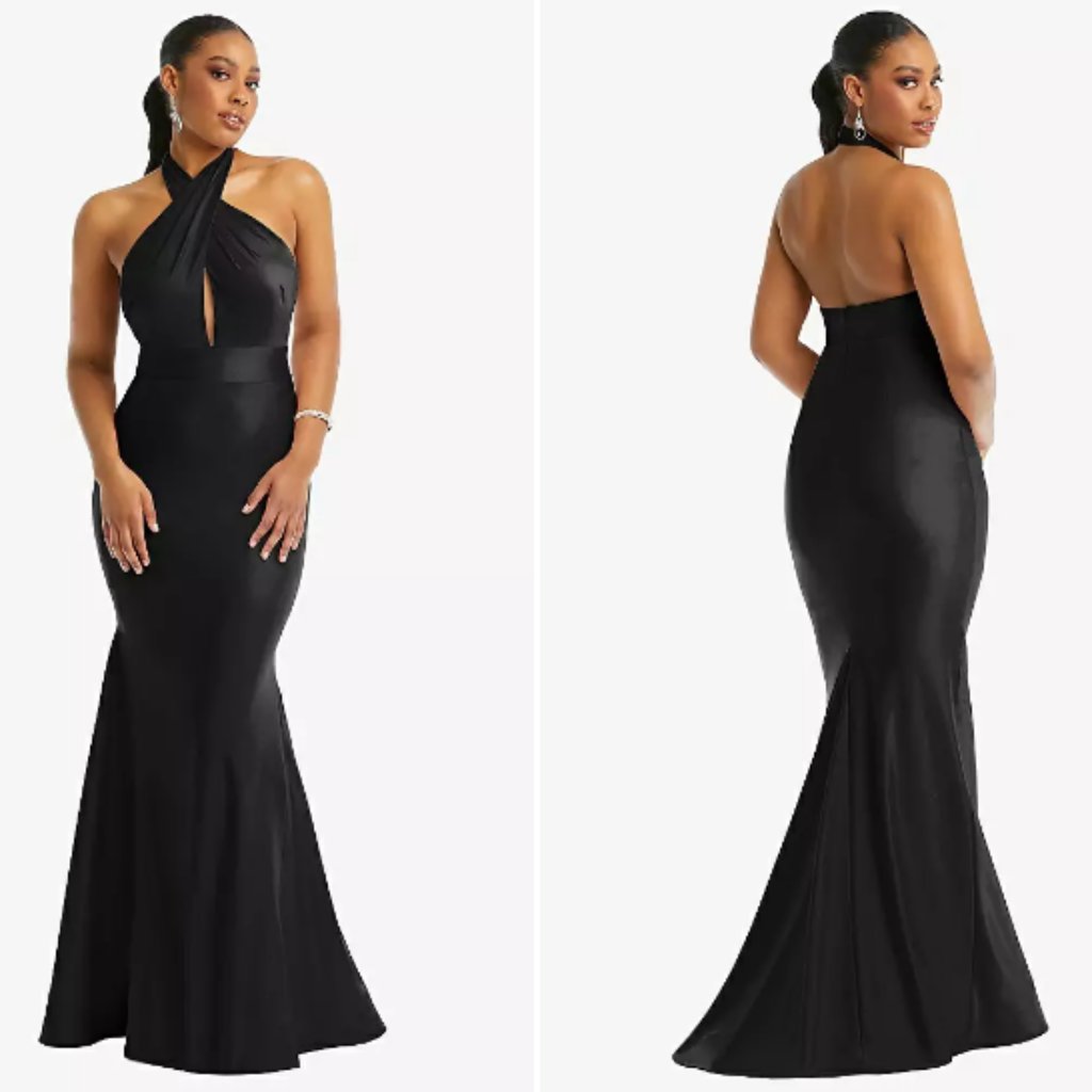 Cynthia & Sahar Satin Criss Cross Halter Open-Back Mermaid Dress Black Xxl